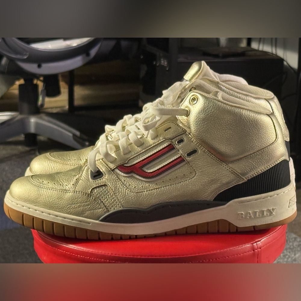 BALLY Champion King Metallic Leather High Top Sneakers, Antic Gold 9.9/10